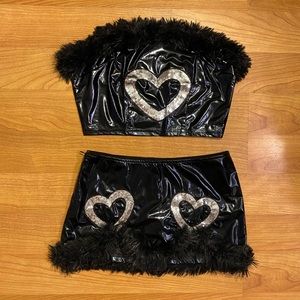 Black Faux Leather & Rhinestone Heart Bandeau & Skort Set